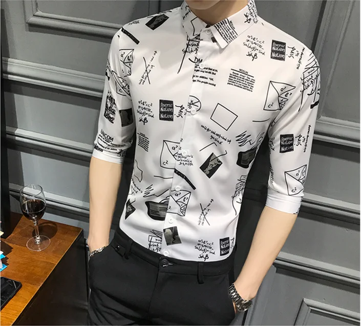 

2019 Trend Era Mathematics Formula Printing Art Seven-Point Sleeves Slim Shirt High Quality Fashion Wild Men'S Shirt