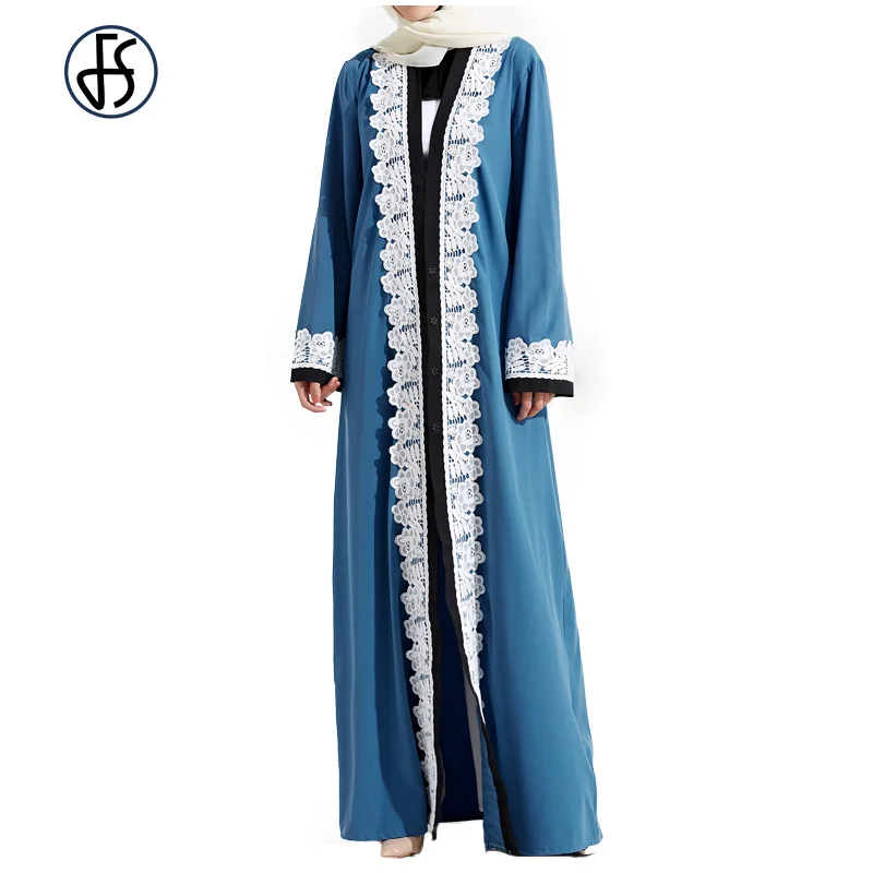 FS модные Для женщин синий Кружево халат мусульмане турецкий Абаи Кафтан