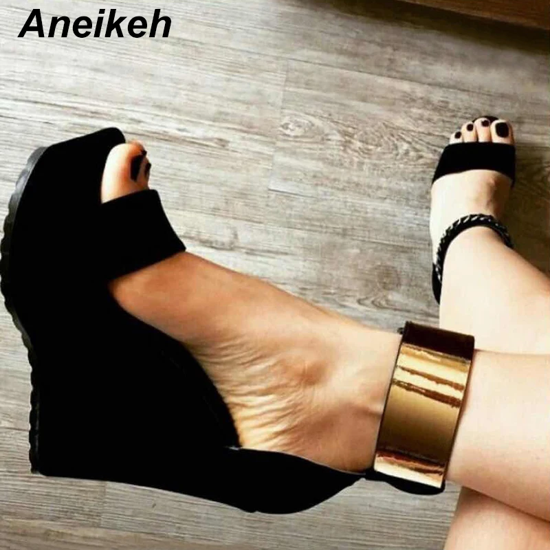 Aneikeh/ г.; выразительные Модные женские босоножки из флока; Повседневные Вечерние черные босоножки на молнии, на танкетке, на высоком каблуке, на платформе, с круглым носком, с закрытой пяткой; Размеры 35-40