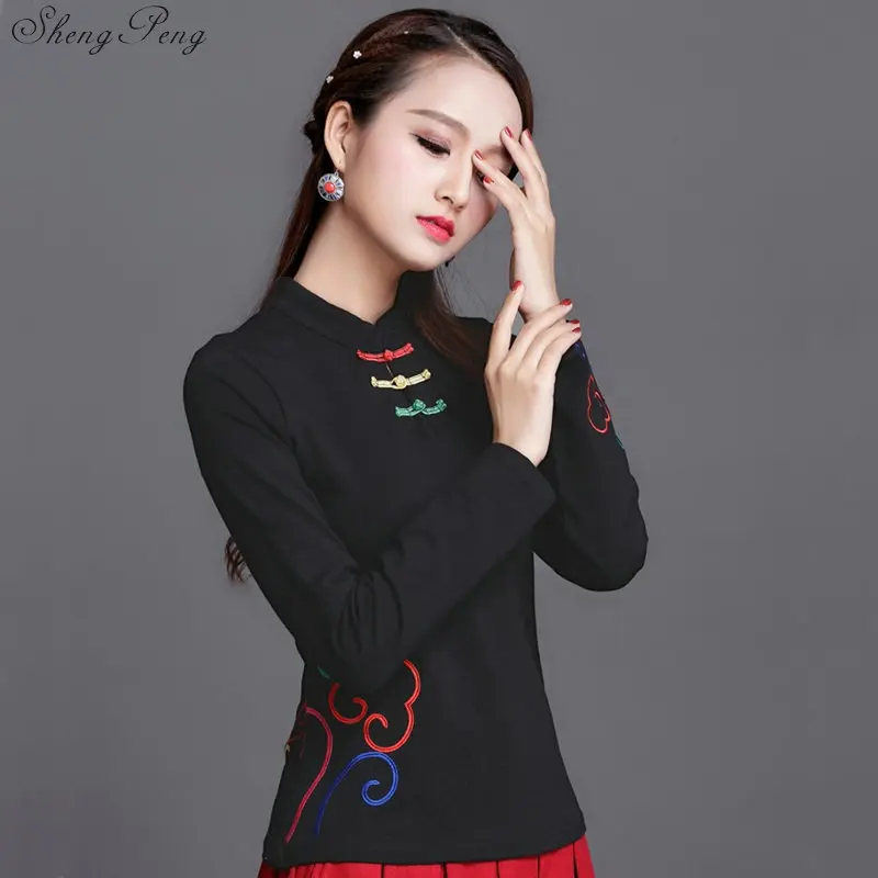 Cheongsam Топ Традиционный китайский костюм для женщин рубашка с длинными рукавами