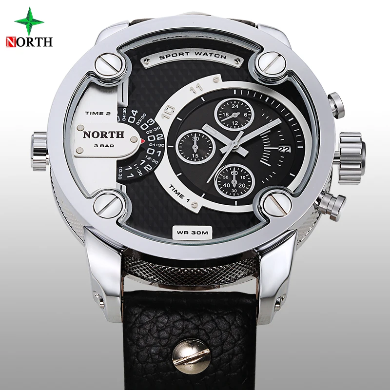 Для мужчин спортивные часы кварцевые военные Элитный бренд кожа Oversize Dual Time Часы 30
