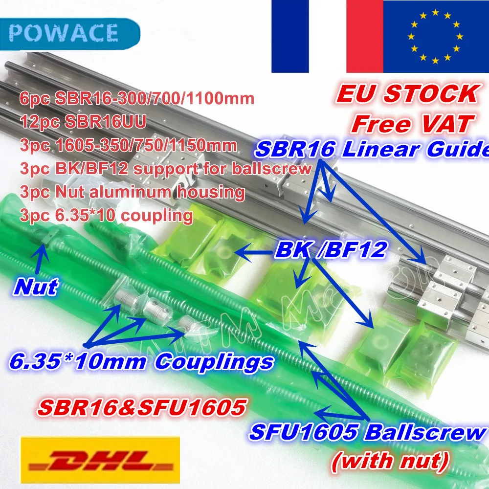 [EU STOCK] SBR16 Guide Rail L-300/700/1100mm&3set Ballscrew SFU1605-350/750/1150mm with Nut&3 set BK/B12 & 6.35x10mm Coupling