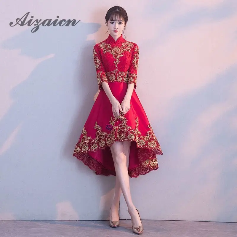 

Traditional Chinese Style Oriental Evening Dress Red Lace Cheongsam Embroidery Mesh Modern Qipao Summer Women Sexy Flowers