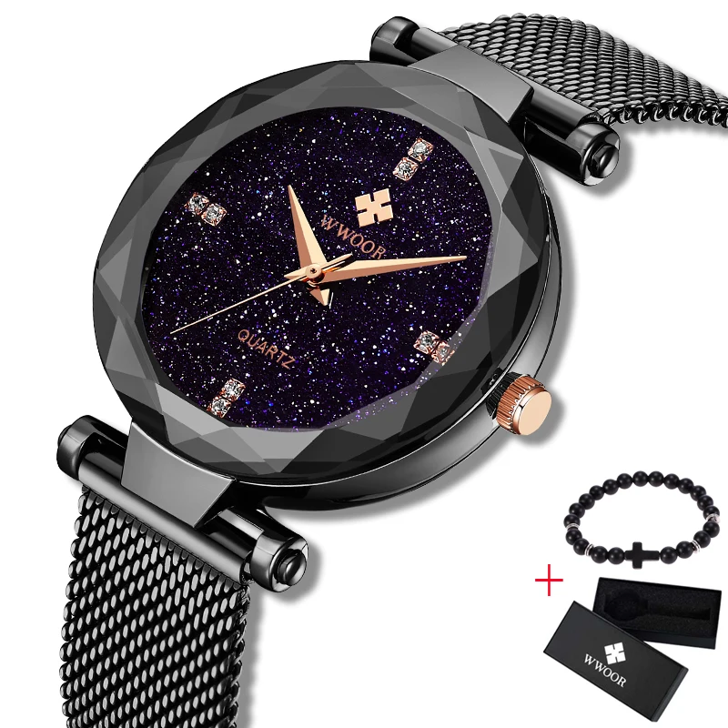 

WWOOR Women Fashion Black Quartz Watch Lady Mesh belt Watchband High Quality Casual Waterproof Wristwatch Gift for Wife 2019