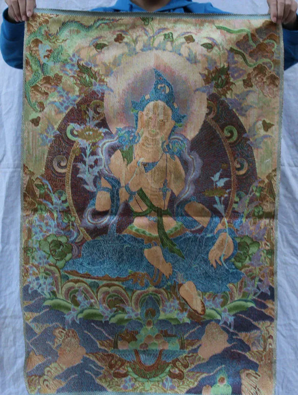 Chinese Folk Silk embroidery Green Tara Mahayana Buddhism Thangka Painting Mural | Дом и сад