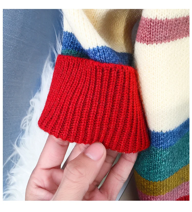 Женские кардиганы и свитера 2018 разноцветные вязаные в радужную полоску для