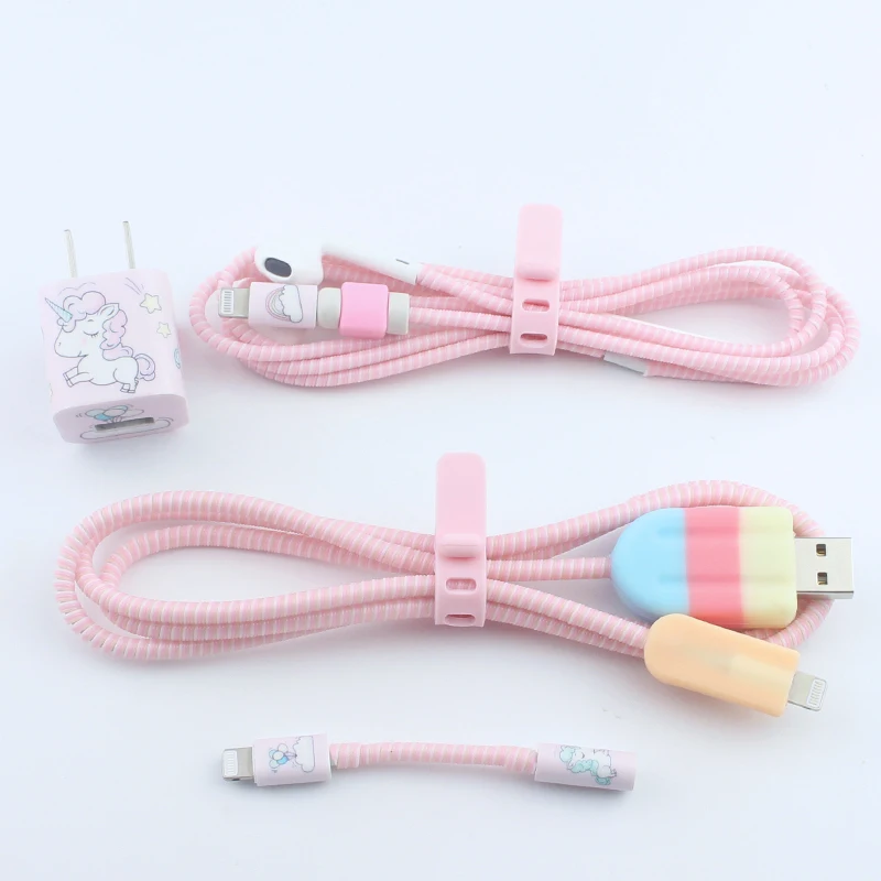 Мороженое милый мультфильм USB кабель наушники протектор набор с кабелем Стикеры для намотки Спиральный шнур протектор для iphone