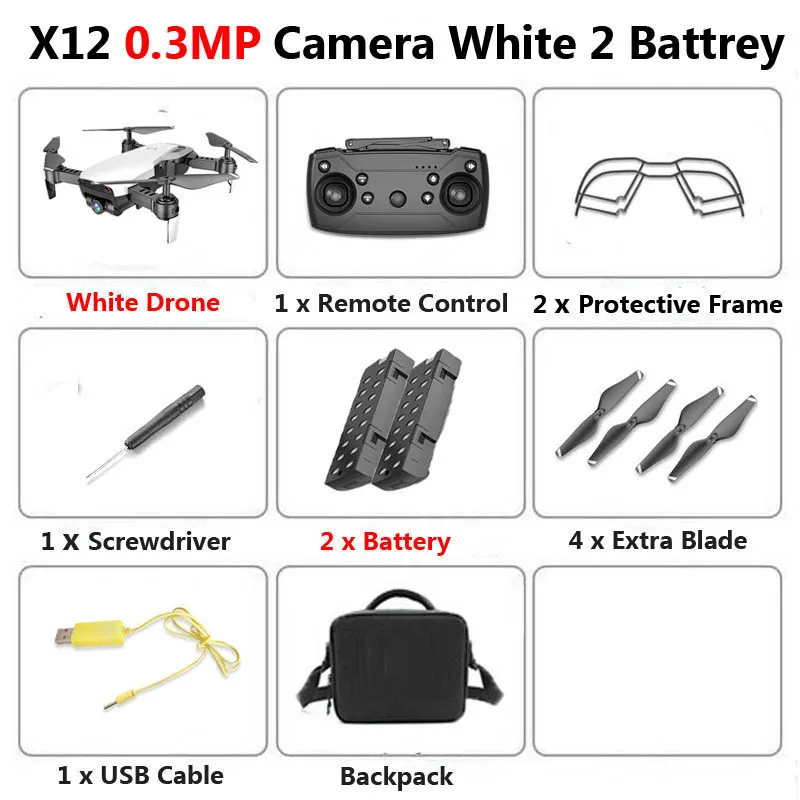 0.3MP White 2B Bag X12 WiFi FPV Mini Foldable Drone Camera 0.3MP 2MP HD Optical Flow Aerial Video Profissional RC Quadcopter Helicopter Toys SG106 - Цвет: 0.3MP White 2B Bag