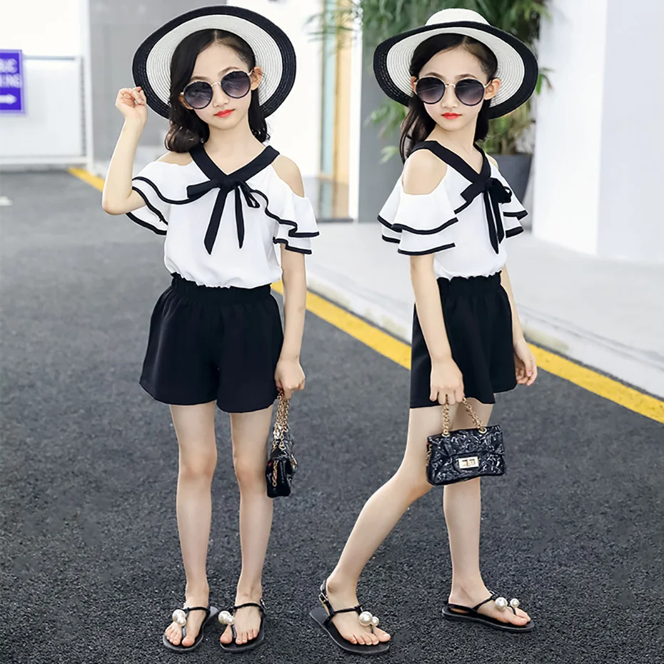 Комплект летней одежды для девочек комплект детской с открытыми плечами 6 8 12 лет