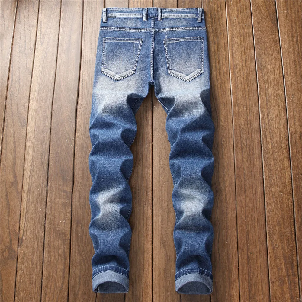 Biker Jeans Men Skinny Hole Motorcycle Stretch Cargo Denim with Embroidered Pleated Slim Jean Men's Plus Size 40 42 Pants | Мужская