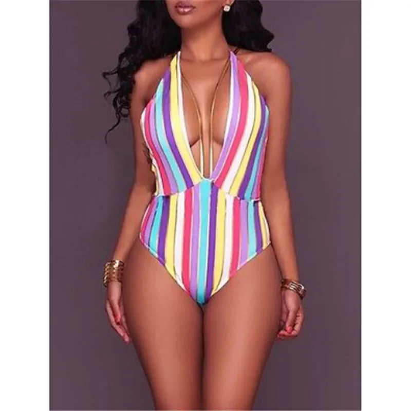 2017 цельный купальник в полоску Женский Цельный с высокой талией бандо монокини