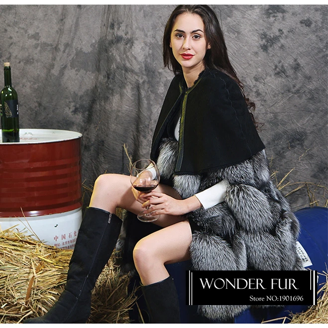 Уникальный Стиль натуральное серебряное пончо с мехом лисы Мериносовой овцы