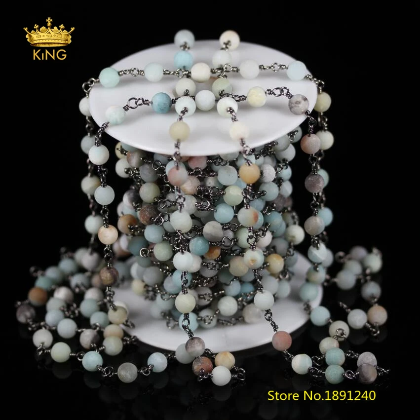 

6mm,Wire Wrapped Gun Black Links Chains Jewelry,Frosted Round Matted Amazonite Beads Chains Necklace Findings,5 Meters/Lot,ZJ-74