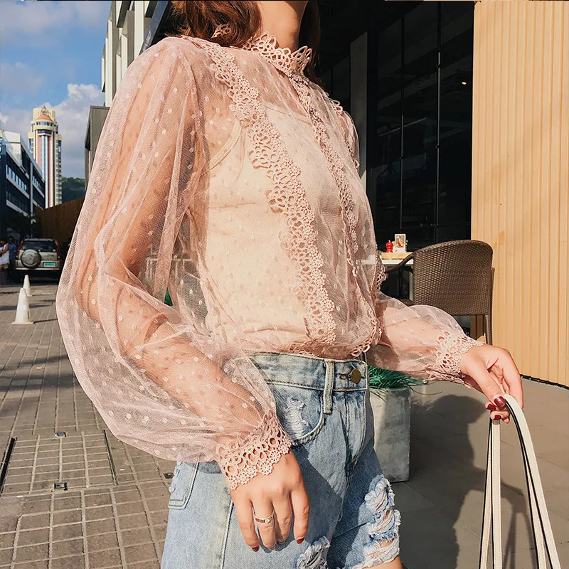 Young Gee Spring Women Lace Floral Embroidery Blouses Shirt Sexy Mesh Tops See-through Long Sleeve Shirts blusa camisas mujer