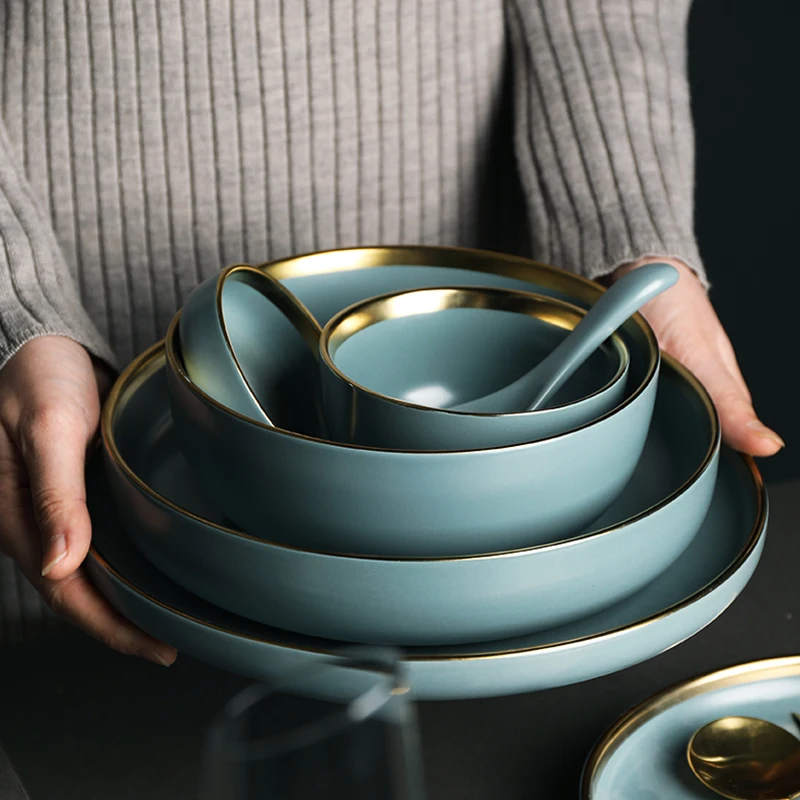 

KINGLANG NEW Blue Golden Ceramic Plates Household Dishes Sauce Rice Bowls Soup Noodles Dinner Plate Steak Western Food Tableware