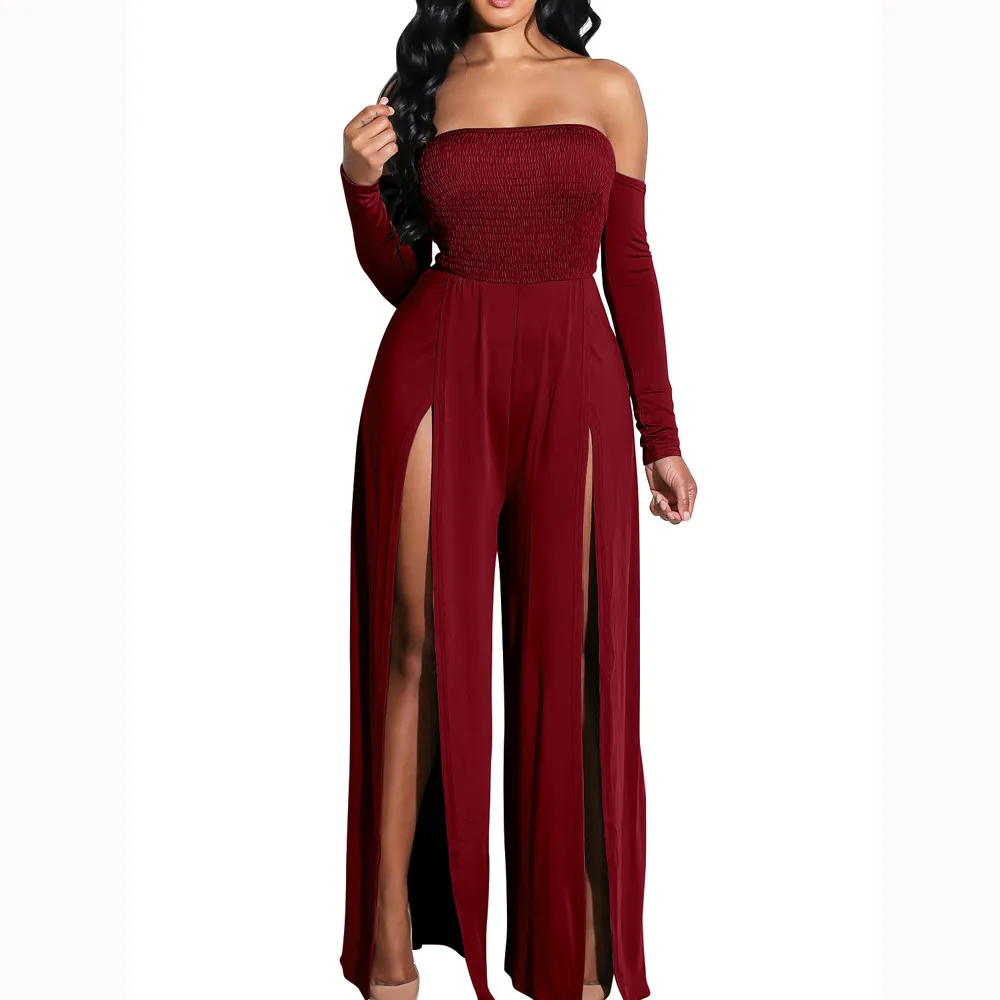 Модные женские комбинезоны однотонные с длинным рукавом открытыми плечами