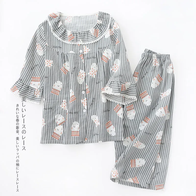 Female Summer Seven-Sleeve Pijama Mujer Pink Pure Cotton Yarn Sleepwear Sexy Pajama Sets Women Korean Cute Sweet Thin Home Suit