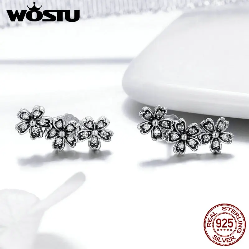 WOSTU, лидер продаж, 925 пробы, серебряные стекируемые серьги-гвоздики в виде ромашек для женщин, женские вечерние серьги в цветочек, подарок FIE419