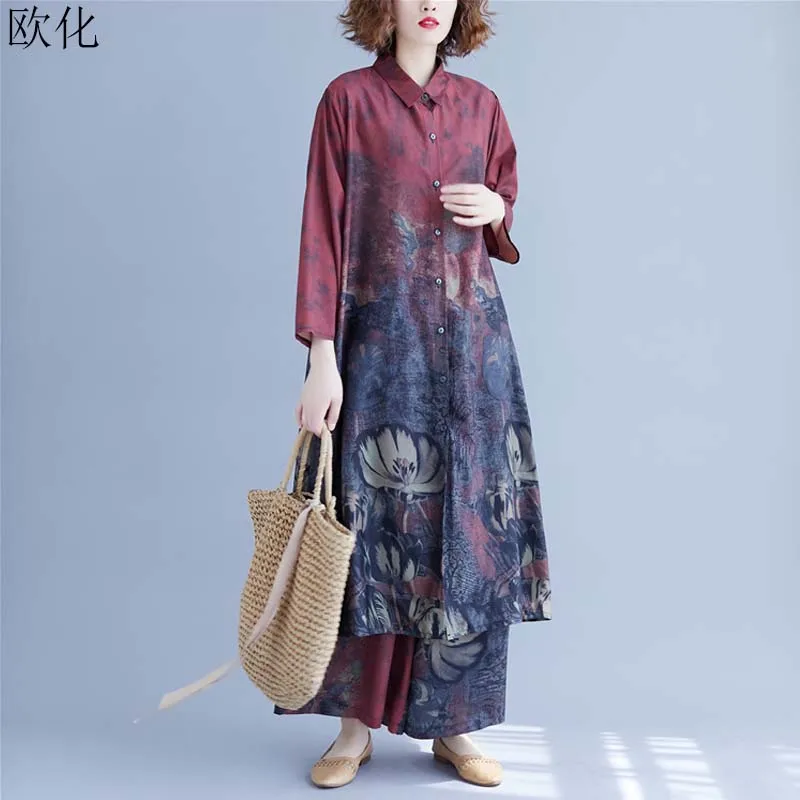 Plus Size Women 2 Sets Vintage Summer Shirt Dress Cotton Loose Long Blouse Ladies Casual Big Pants Suit 5XL 2019 |