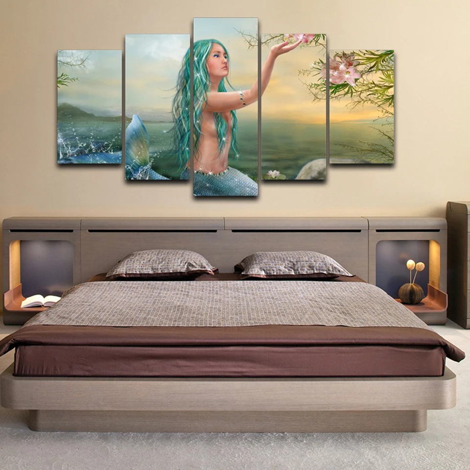 Плакат на холсте для гостиной HD печатные картины 5 панелей зеленая Haired Mermaid