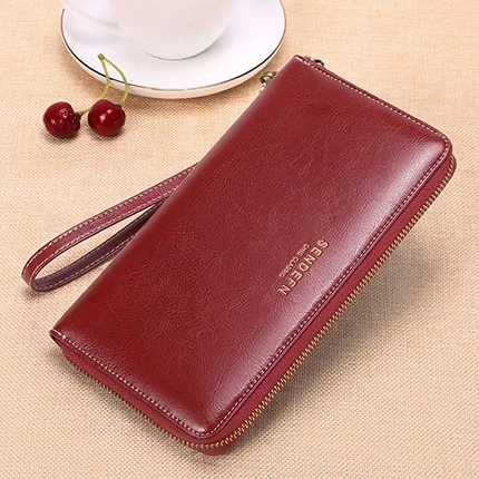 Wine Red SENDEFN брендовый женский кошелек, Дамский Роскошный кошелек, Длинные кошельки, одноцветные женские модные кожаные клатчи на молнии, 7Plus 5204H-64 - Цвет: Wine Red