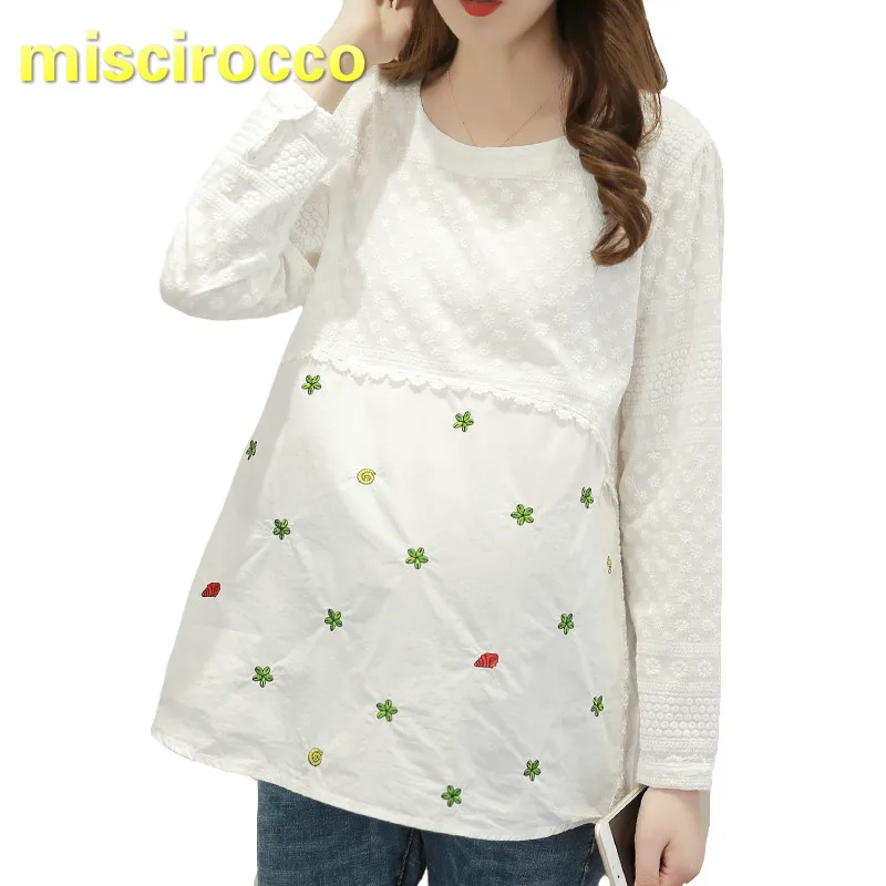 

Maternity Clothings Pregnant Women Blouses Women's Long-sleeved Big Size Embroidery Lace Blouse Loose Cotton Embroidery Tops