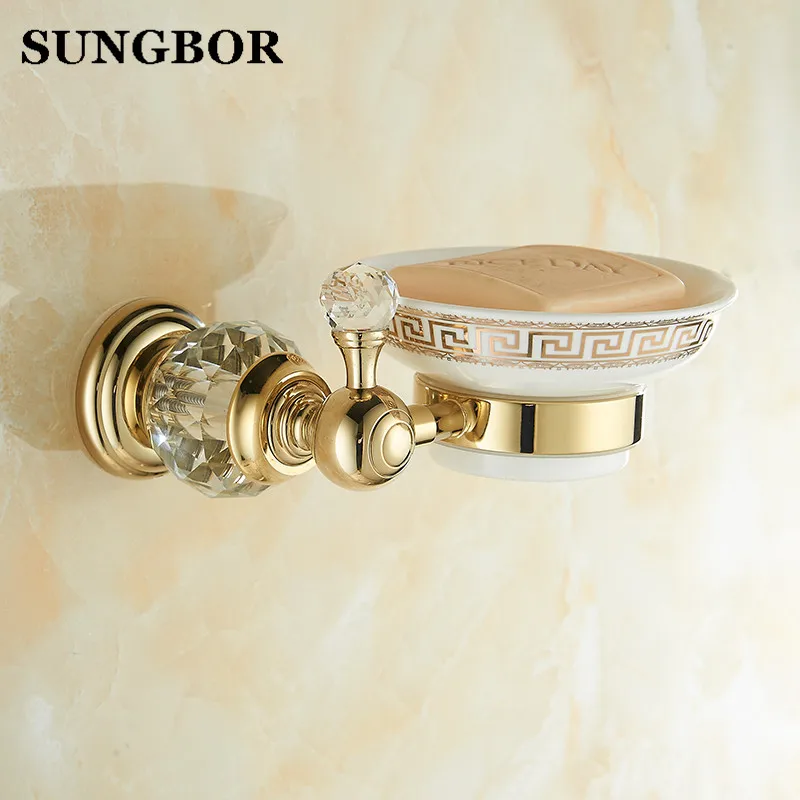 

Gold Crystal Soap Dish Holder Luxury Europe Soap Holder Antique Crystal Brass Ceramic Plate Bathroom Accessories Products 99904K
