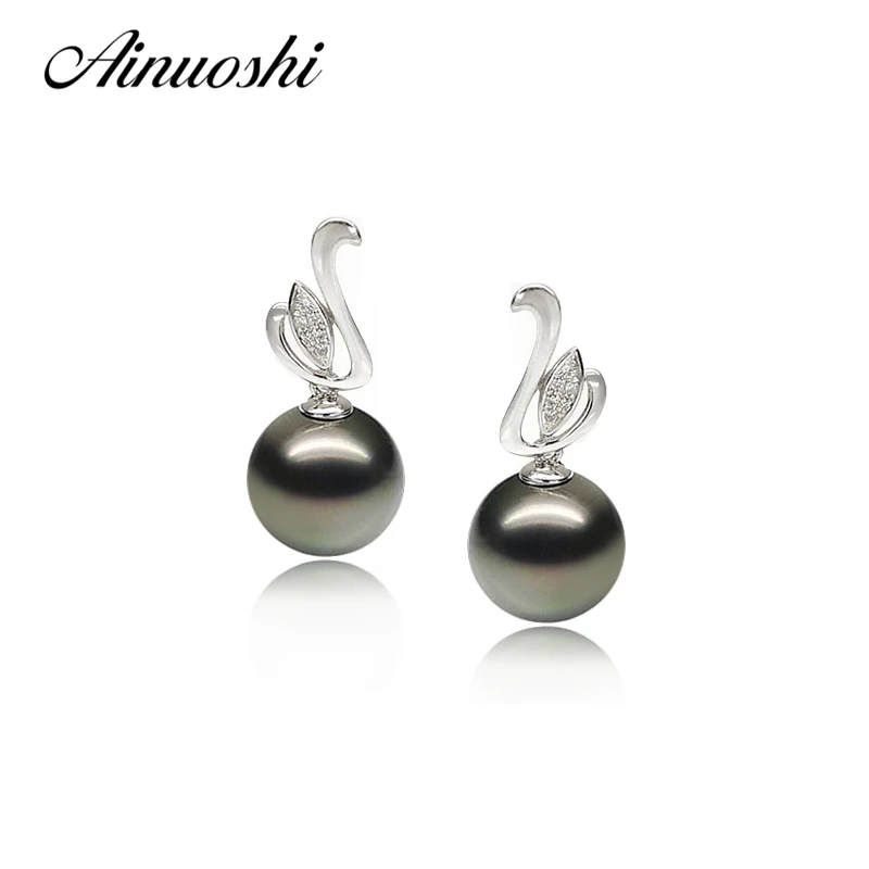 AINUOSHI 925 пробы Серебряные Листья в форме Серьги с жемчугом 9,5-10 мм натуральный таитянская Черная жемчужина круглый жемчуг Lover серьги-гвоздики