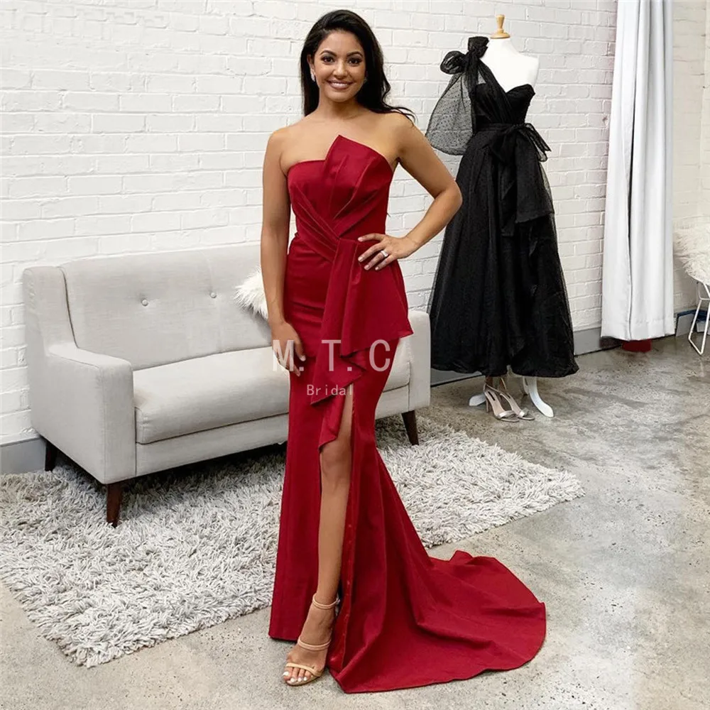 

Elegant Burgundy Mermaid Strapless Evening Dress Side Slit Sweep Train Elastic Satin Long Formal Occasion Dresses Custom Made