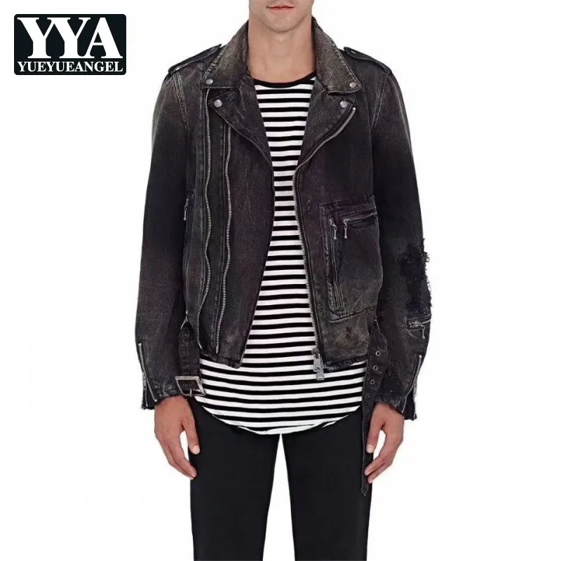 Мужская Байкерская джинсовая куртка черная приталенная рваная в байкерском