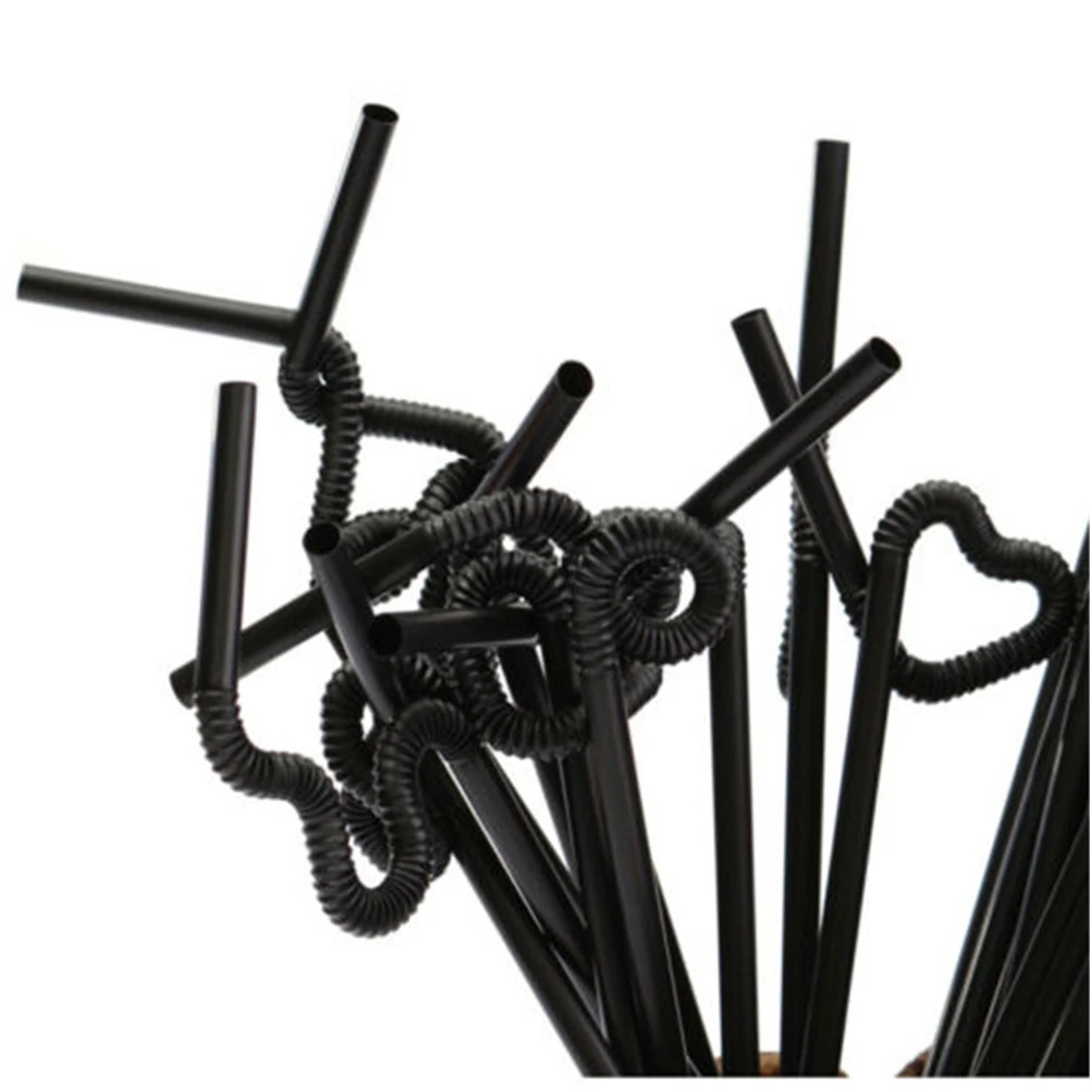 100 шт./лот черная пластиковая одноразовая Питьевая соломка Гибкая всасывающая