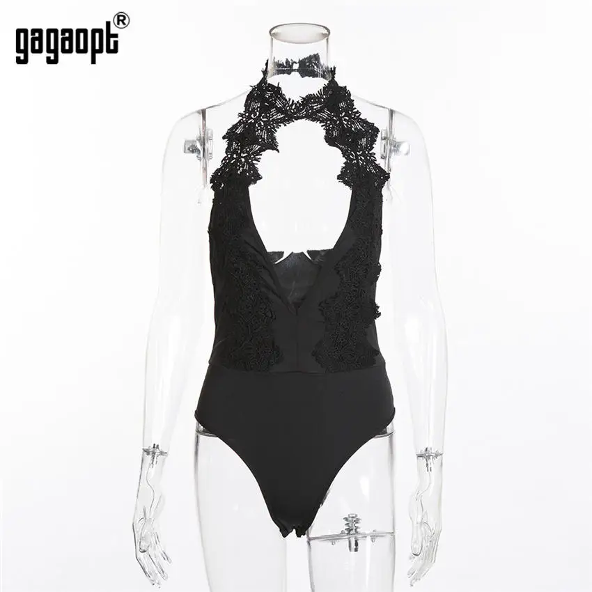 Gagaopt весеннее Кружевное боди для женщин с цветочной вышивкой, сексуальное боди на бретельках, элегантное женское боди с открытой спиной, комбинезон - Цвет: Черный