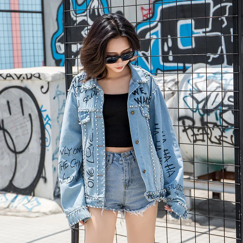 2018 Харадзюку пальто для женщин бриллиантовый принт уличная джинсовая куртка