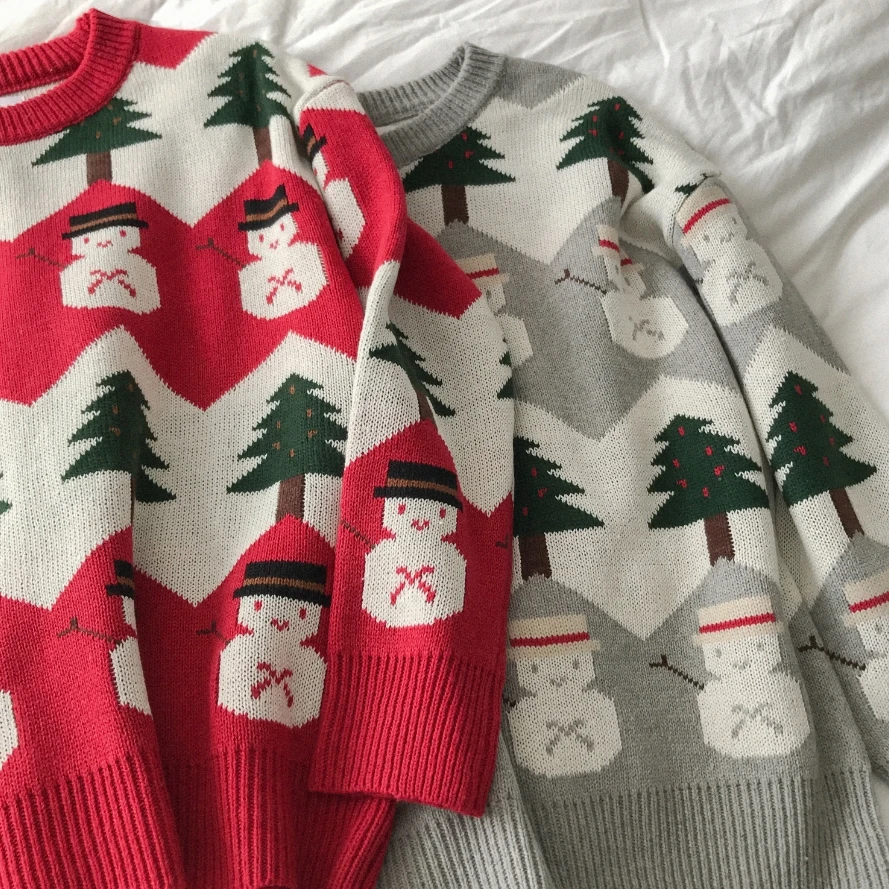 autumn 2019 winter clothes women sweaters harajuku korean fashion personality tree snowman red knitted christmas sweater | Женская