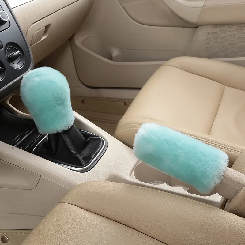 1 Set Mint Green Пушистый натуральный мех овчины автомобиля шестерни рукоятка переключения уровня ручка крышки для автомобиля селектор гандбол воротник, ручной тормоз - Название цвета: 1 Set Mint Green