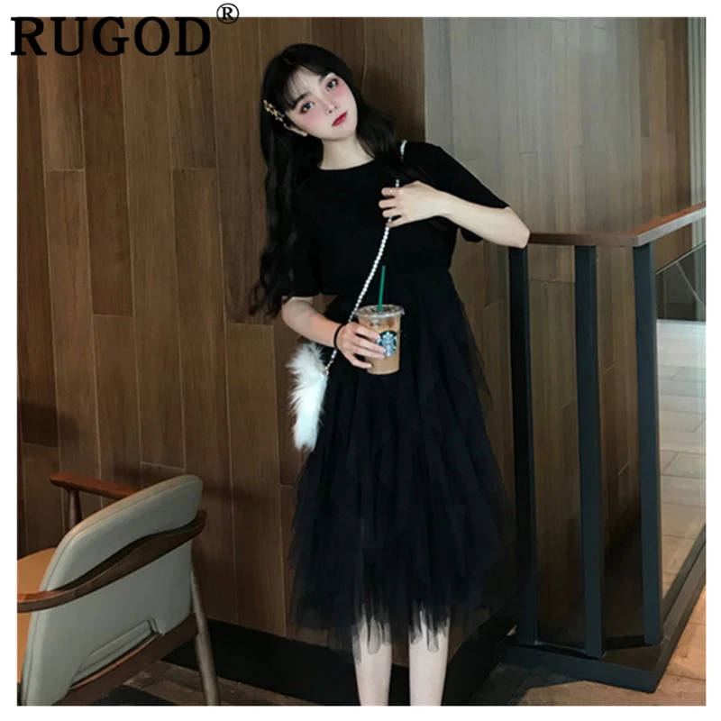 Женское плиссированное платье RUGOD Сетчатое лоскутное с высокой талией свободное
