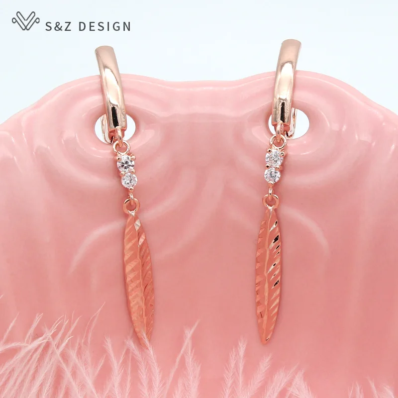Серьги подвески S & Z из розового золота 585 пробы с фианитами женские тонкие