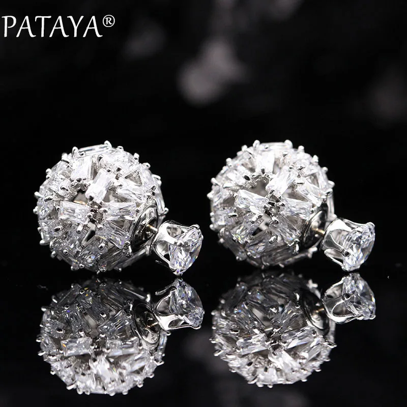 white PATAYA, новинка 585, розовое золото, белое золото, квадратный Природный Цирконий, шар, серьги-гвоздики, 925 серебро, иглы, женские свадебные Роскошные ювелирные изделия - Окраска металла: white