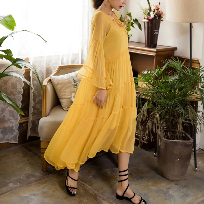 Женское шифоновое платье в богемном стиле желтое и красное пляжное