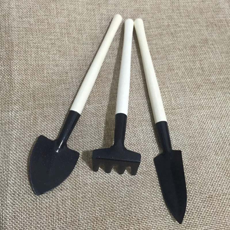3 PCS Mini Metal Garden Handle Shovel Rake Set Weeding Tool Bonsai Flowers Pot Tool Set Metal Head Shovel Gardening Tools