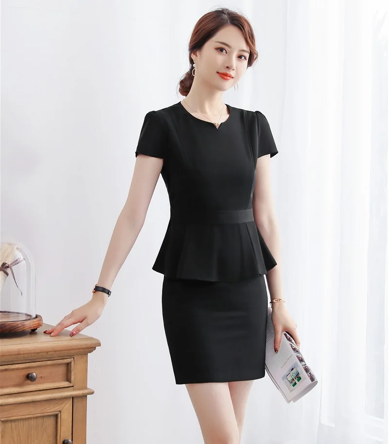 Летние женские деловые костюмы с юбкой и курткой черные рабочие Стильная Офисная