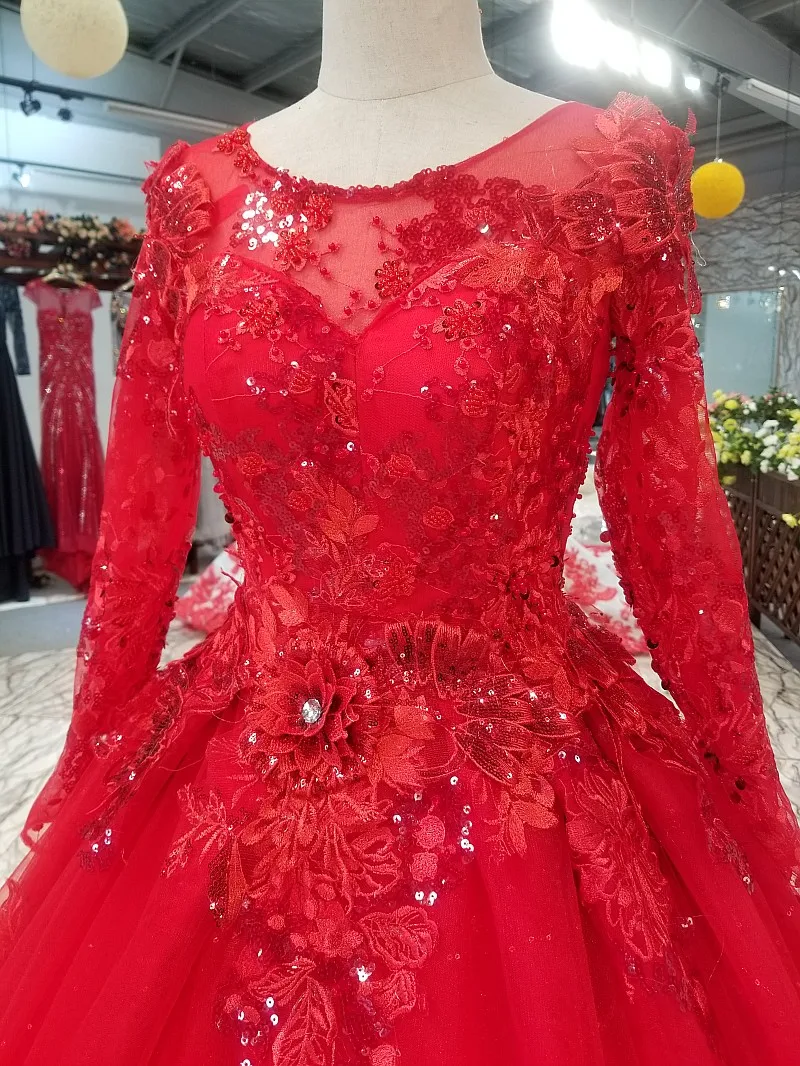 Red Lace Tulle Crystals Prom Dresses 2018 Long Sleeves O Neck Sequins Sexy Princess Gowns Formal Party | Свадьбы и торжества