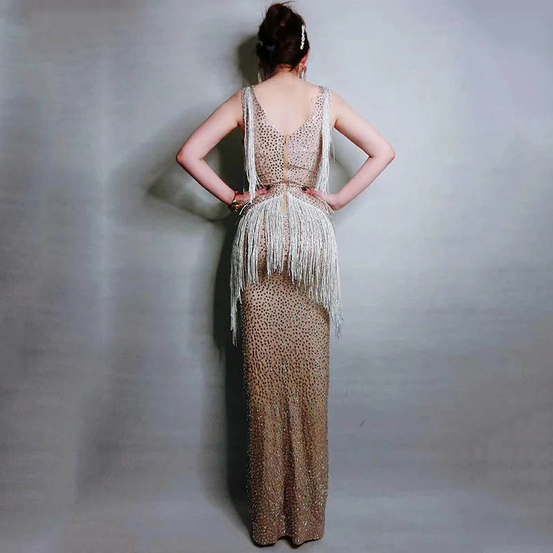 Сценический костюм Блестящие стразы Бахрома Платье без рукавов Длинные платья с
