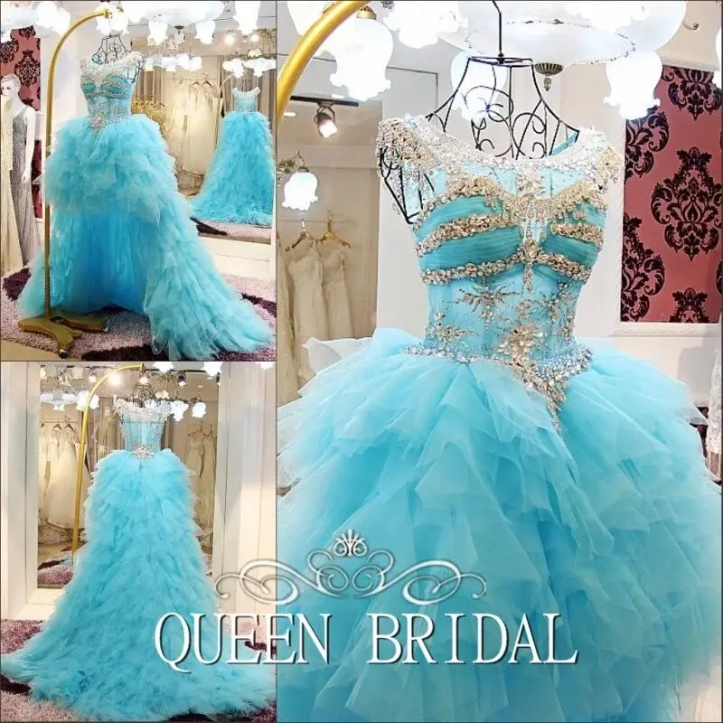 Ball Gown Ruffle Tulle Crystal Beaded Diamond Luxury Blue Evening Dresses 2021 New Fashion Party Gowns Dress CH41M | Свадьбы и
