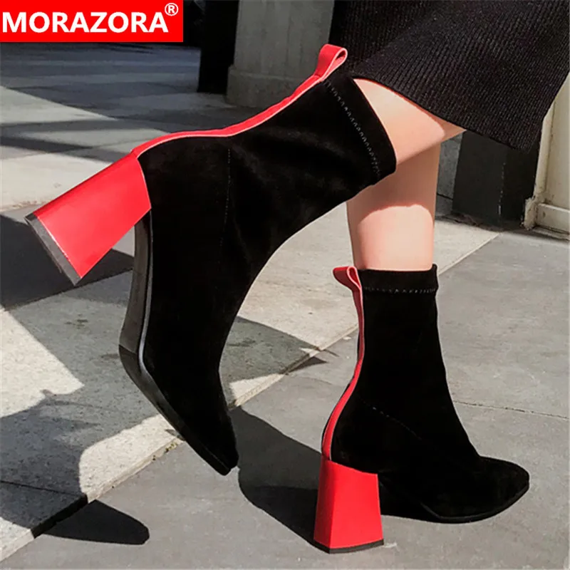 

MORAZORA 2021 top quality ankle boots for women suede leather +genuine leather high heels shoes fashion Stretch boots female