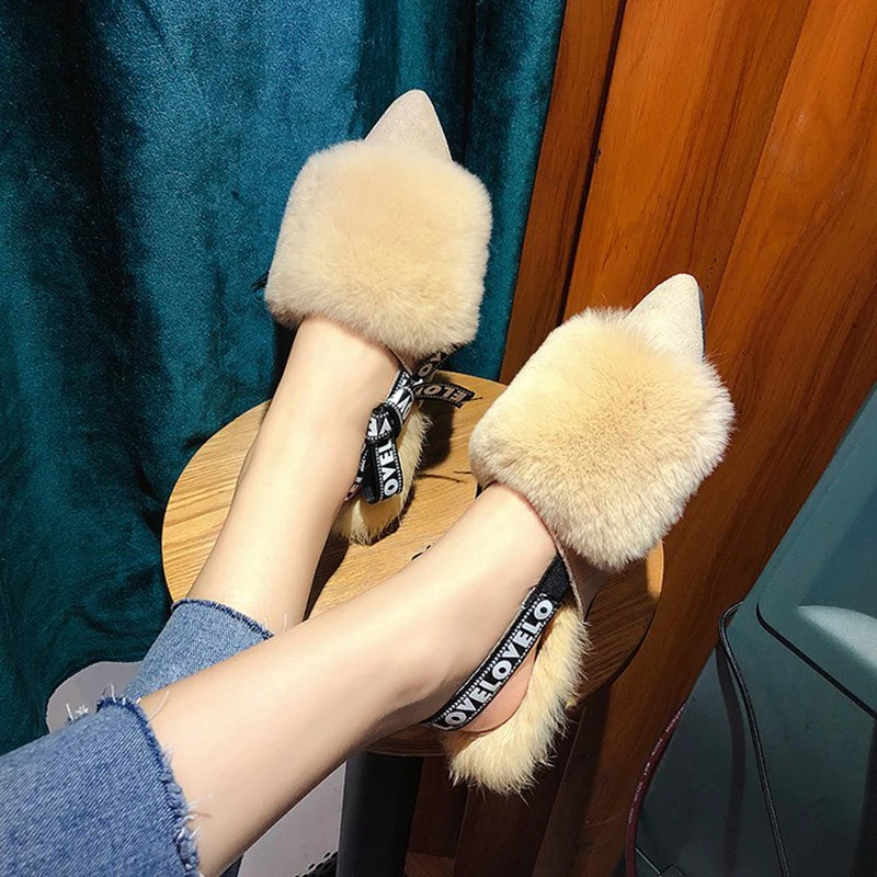 Буквы группа лук узел меха сандалии гладиаторы с ремешком сзади Осенняя обувь