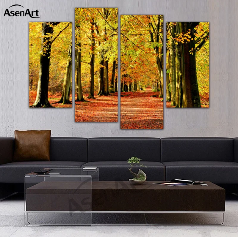 4 панели стены искусства холст печать цветок горы Картина Пейзаж с деревом для