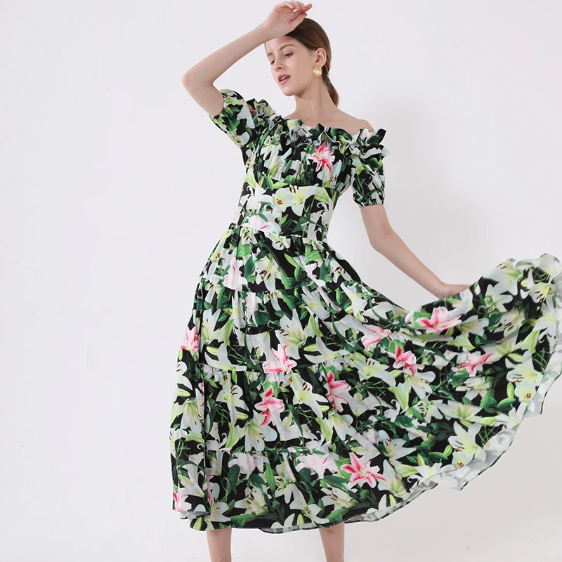 Длинное платье с цветочным принтом Осеннее милое зеленое женское коротким