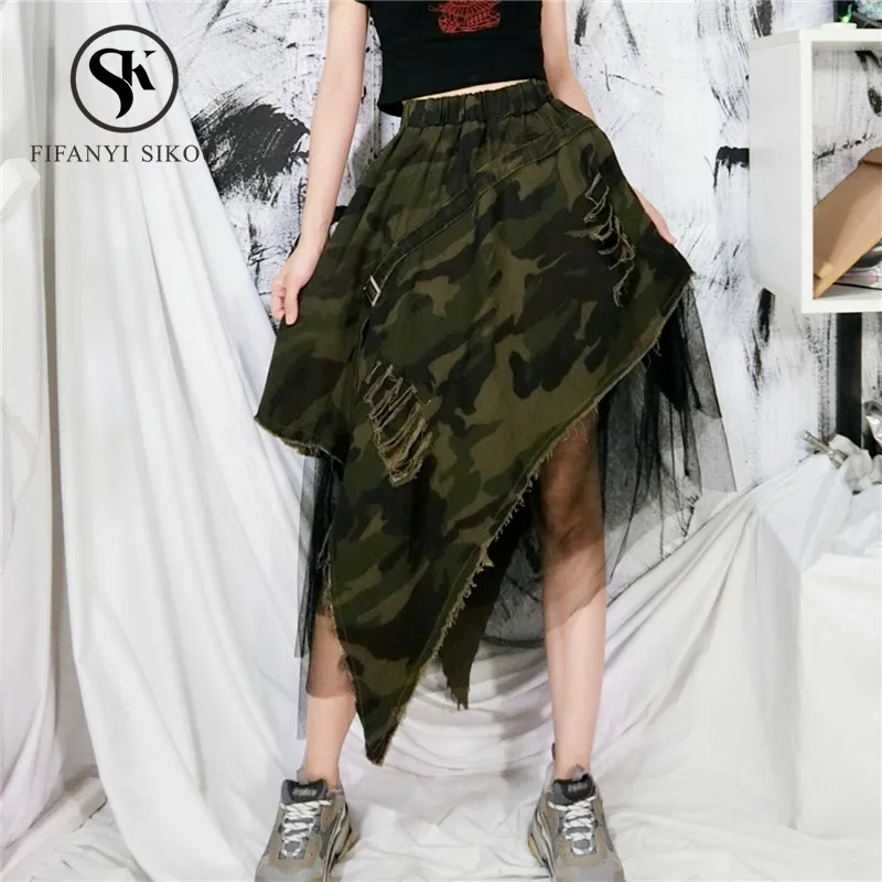 Camouflage Denim Skirt women 2019 Summer Fashion Mesh Spliced Asymmetry High waist Jeans Skirt womens Streetwear Long Skirts