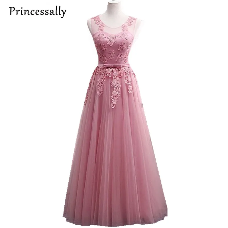 Пыльно-розовые платья подружки невесты длинные кружевные аппликации без рукавов